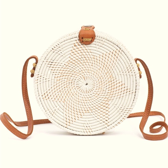 Handbags - Handmade Woven Round Cream + Tan Crossbody Bag Handmade in Bali